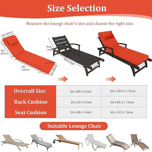 Chaise Lounge Cushions Outdoor Set of 2 Lounge Chair Cushion 80" L x 26" W with Headrest Straps 3'' Thick Waterproof Patio Chaise Cushions Pool Lounger Chair Cushion(Orange)
