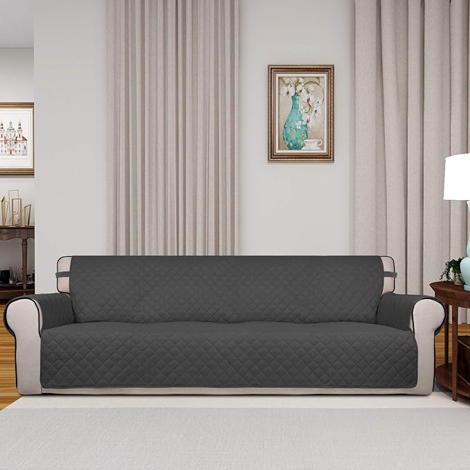 PureFit Reversible Quilted Couch Covers for Dogs Sofa Cover 4 Seater 88" | Dark Gray/Beige, Water Resistant Couch Protector, Washable Pet Couch Cover with Non Slip and Elastic Straps For Kids