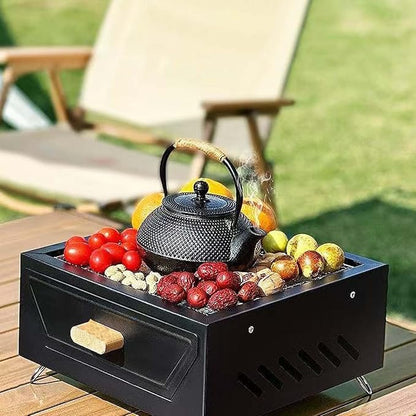 Desktop Charcoal Grill for Picnic, Portable Charcoal BBQ Grill Stove – Iron Hibachi Barbecue Grills, Tea Making Stove Set Tabletop Small Barbecue Grill for Outdoor (Black)