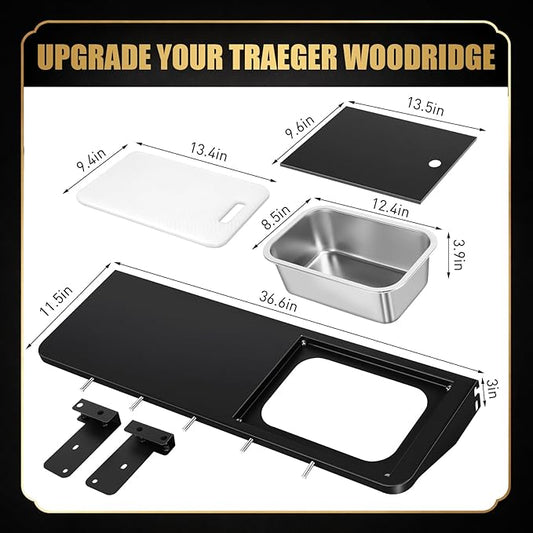QuliMetal Folding Front Shelf for Traeger Pro 34, Texas Elite 34, Century 885 and Eastwood 34, 37" x 12" Heavy-Duty Grill Prep Table with Cutting Board, Stainless Steel Basin, Lid and 5 Hooks