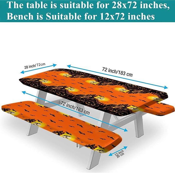 Halloween Elastic Edge Fitted Tablecloth, 3 Pieces Set, Happy Halloween Pumpkin Elastic Picnic Tablecloth and Bench Seats Table Cover for Outdoor Picnics/Holiday/Party Use, 72x28 in