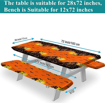 Halloween Elastic Edge Fitted Tablecloth, 3 Pieces Set, Happy Halloween Pumpkin Elastic Picnic Tablecloth and Bench Seats Table Cover for Outdoor Picnics/Holiday/Party Use, 72x28 in