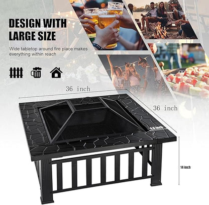 Panovue Fire Pit Table 32 Inch Square Metal Stove for Patio, Backyard, Garden | Multifunctional Outdoor Fireplace for Camping, Heating, Bonfire & Picnic