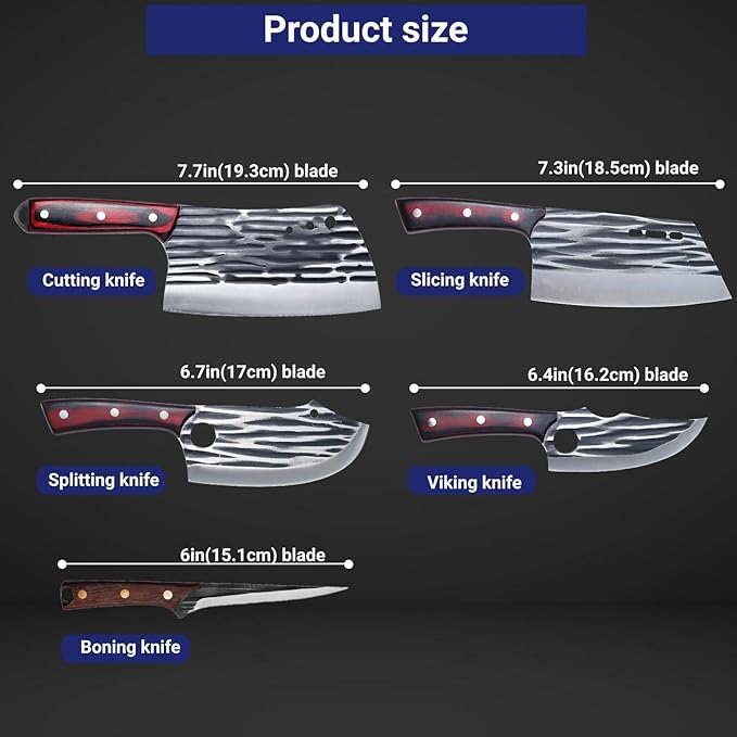Butcher Knife Set with Bag，Meat Cleaver Full Tang Serbian Chef Knife High Carbon Steel for Meat Cutting Processing,Hand Forged Viking Carving Knife,Outdoor BBQ Camping Knife (10)