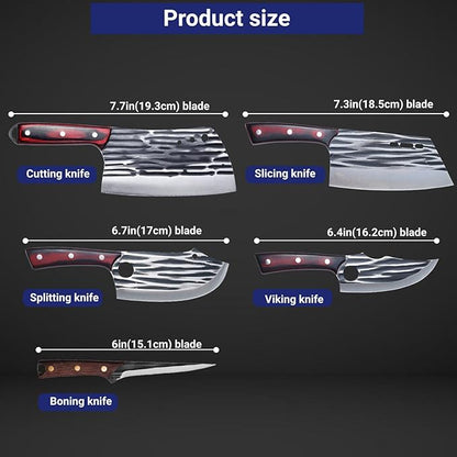 Butcher Knife Set with Bag，Meat Cleaver Full Tang Serbian Chef Knife High Carbon Steel for Meat Cutting Processing,Hand Forged Viking Carving Knife,Outdoor BBQ Camping Knife (10)