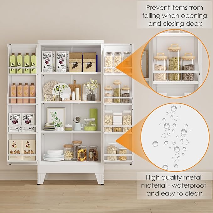 PAOFIN 47" Kitchen Pantry Cabinet, Metal Storage Cabinet with 3 Adjustable Layer Shelves, 8 Door Shelves, Buffet Sideboard for Living Room, Kitchen, White