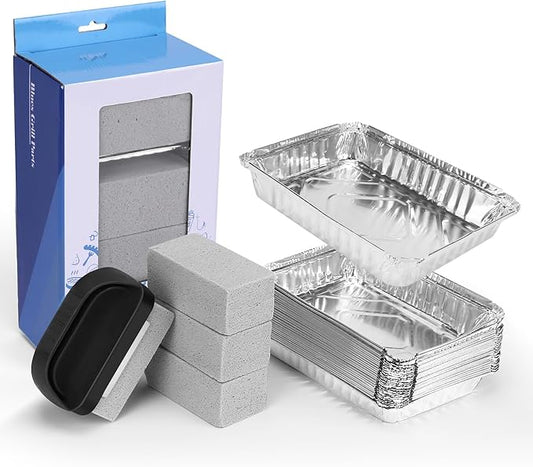 25 Pack Aluminum Drip Pans & 4 Pack Grill Cleaning Pumice Bricks with Handle, Compatible with Weber Spirit, Genesis, Traveler, Q Series, Disposable Foil Grease Trays, for BBQ/Camping