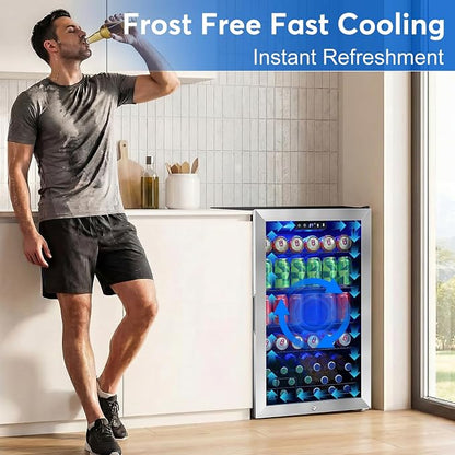 FoMup Beverage Refrigerator 150 Can with Glass Door – Mini Drink Cooler with Reversible Door, Safety Lock & Temperature Control, Small Fridge for Beer Soda Wine, Compact for Dorm Office Hotel