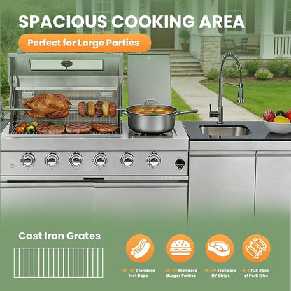 79" Modular Outdoor Kitchen with 4 Burners 72,000 BTU Natural Gas Grill,Rotisserie Oven,Side Burner,Sink & Marble Countertop.Gas Grill for Backyard and Patio.(Natural Gas)