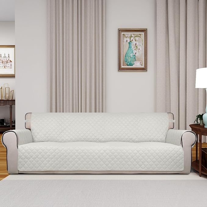 PureFit Reversible Quilted Couch Covers for Dogs Sofa Cover 4 Seater 88" | Ivory/Ivory, Water Resistant Couch Protector, Washable Pet Couch Cover with Non Slip and Elastic Straps For Kids