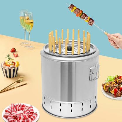 Smokeless Charcoal Hanging Grill with 20 Skewers, Portable Vertical Charcoal Smoker & Grill Combo, Stainless Steel BBQ Bucket for Camping, Picnics & Backyard Parties