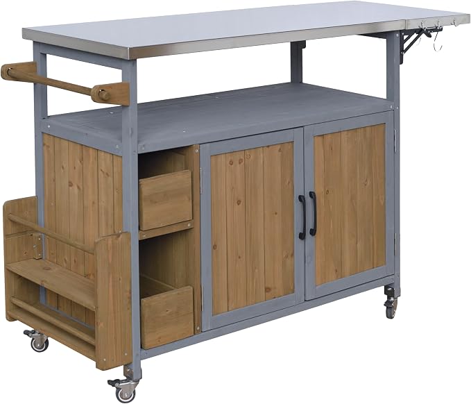 Christopher Knight Home Edsel Outdoor Bar Cart with Stainless Steel Top and Lockable Wheels, Solid Wood Outdoor Storage Cabinet, Kitchen Island Serving Cart for Poolside, Walnut Brown+Blue Gray