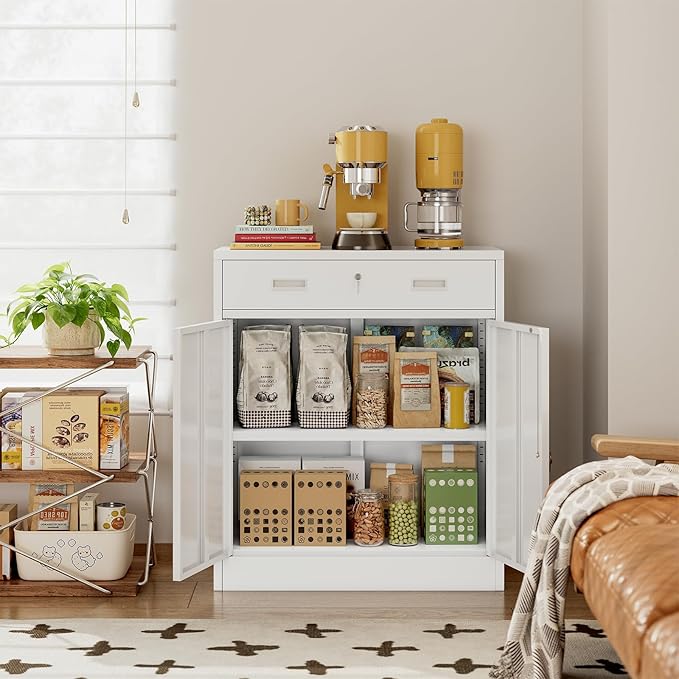 CJF Pantry Cabinet with 1 Drawer, Metal Pantry Storage Cabinets with Doors and 2 Adjustable Shelves, 36" H Locking Cabinet for Kitchen Storage, Home, Garage, Utility Room and Basement, White