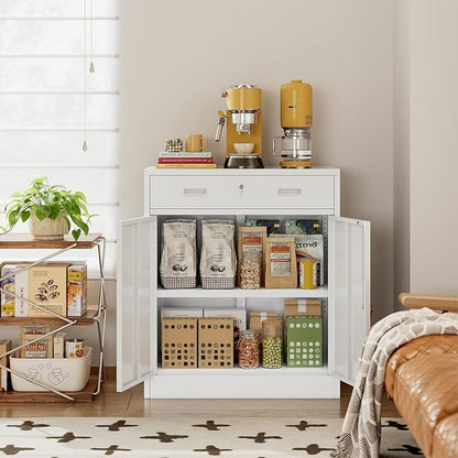 CJF Pantry Cabinet with 1 Drawer, Metal Pantry Storage Cabinets with Doors and 2 Adjustable Shelves, 36" H Locking Cabinet for Kitchen Storage, Home, Garage, Utility Room and Basement, White