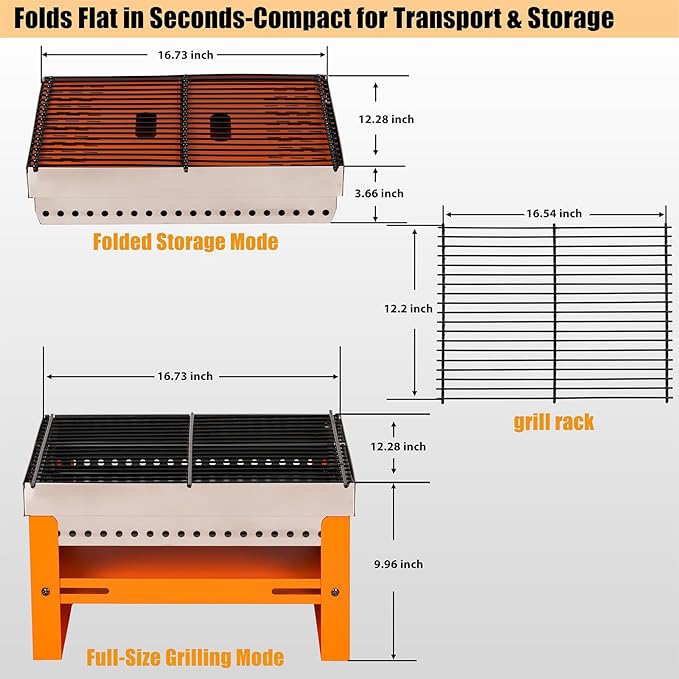 Portable Charcoal Grill, Small Tabletop BBQ, Foldable Mini Hibachi, Stainless Steel Camping Grill, Compact Outdoor Cooker for Picnic, Tailgating (Orange)