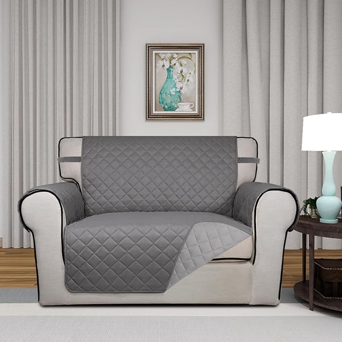 PureFit Reversible Quilted Sofa Cover Dog Couch Covers for Sofa, 28 in | Gray/Light Gray, Water Resistant Couch Protector, Washable Pet Couch Cover with Non Slip and Elastic Straps For Kids