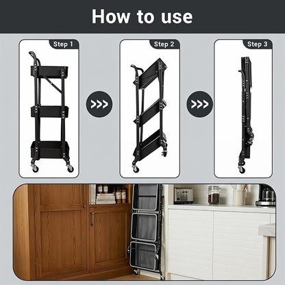 3 Tier Foldable Rolling Cart with Wheels, Folding Utility Cart Organizer, Collapsible Rolling Storage Cart with 3 Hanging Cups & 6 Hooks for Kitchen, Office, Nursery(Black)