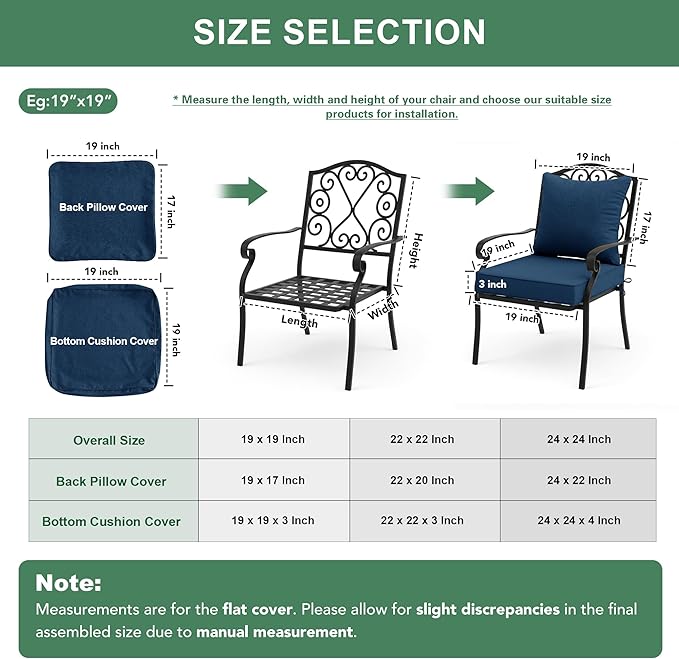 Summsun Outdoor Chair Cushions, Faux Linen Backrest and Deep Seat Cushion Set for Patio Furniture with Weather Resistant Removable Cover, Ties, Non-Slip Bottom, 22 x 22 Inch, Navy, Set of 4