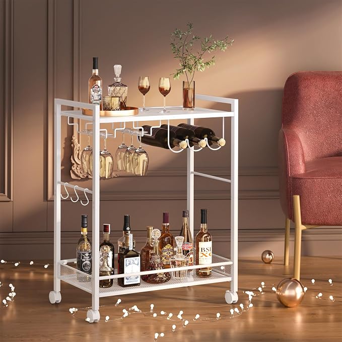 Joaxswe Bar Cart,2-Tier Home Bar Serving Cart with Lockable Wheels,White | Microwave Cart,Mobile Kitchen Shelf,Rolling Beverage Cart with Wine Rack and Glass Holder for Kitchen,Dinning Room