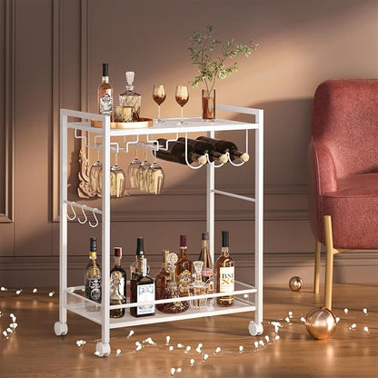 Joaxswe Bar Cart,2-Tier Home Bar Serving Cart with Lockable Wheels,White | Microwave Cart,Mobile Kitchen Shelf,Rolling Beverage Cart with Wine Rack and Glass Holder for Kitchen,Dinning Room