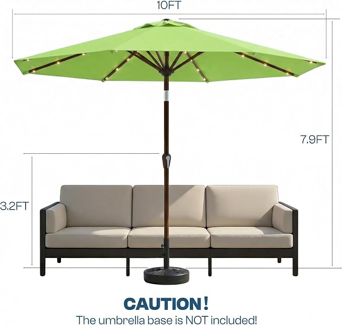10FT Solar Patio Umbrella with Lights, Outdoor Table Market Umbrella with 32 LED Lights, 8 Sturdy Ribs, Push Button Tilt and Crank for Pool, Deck and Garden, UV-Resistant