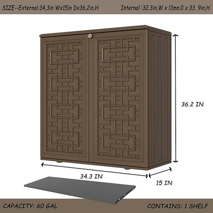 Mrosaa Storage Box Outdoor Caninet,Resin Indoor Storage Box Waterproof Outdoor Storage Cabinets for Patio/Garden/Backyard, Size 34.3''L*15''W*36.2''H(Brown)