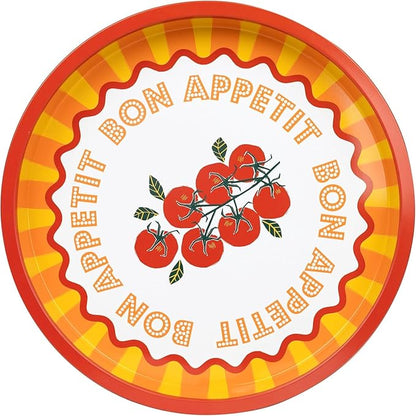 Talking Tables Large Round Serving Tray for Drinks, Snacks, Condiments Decorative and Colorful Tomato Design Summer Dining, BBQ, Outdoor Dining Garden Parties Made of Tin 12inches
