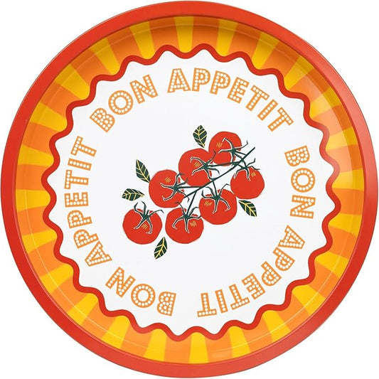 Talking Tables Large Round Serving Tray for Drinks, Snacks, Condiments Decorative and Colorful Tomato Design Summer Dining, BBQ, Outdoor Dining Garden Parties Made of Tin 12inches