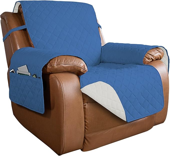 PureFit Reversible Recliner Chair Covers Couch Covers for Dogs, 28 in | Blue/Ivory, Water Resistant Couch Protector, Washable Pet Couch Cover with Non Slip and Elastic Straps For Kids