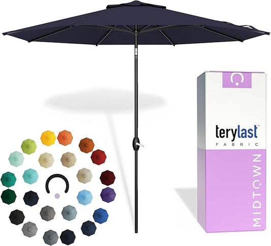Midtown Umbrellas - 10-Year-No-Fade 8 Ft Patio Umbrella with Terylast Fabric, Auto-Tilt Aluminum Frame and 8 Reinforced Ribs for Deck, Pool, Garden & Beach - Navy Blue Canopy, Black Pole