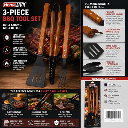Premium 3-Piece BBQ Tool Set - Heavy Duty Stainless Steel Grilling Utensils with Spatula, Tongs, Fork - Professional Grill Accessories Kit for Outdoor Patio, Camping, and Barbecue Cooking