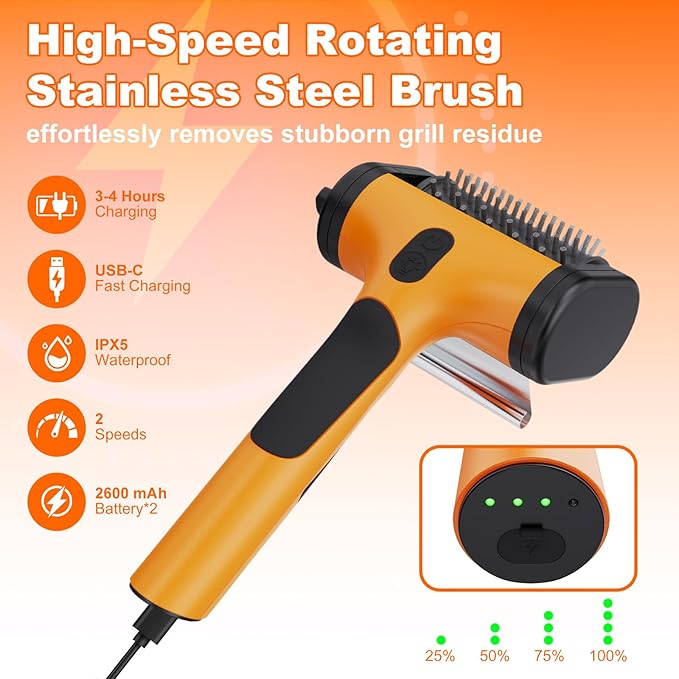 2-in-1 Upgraded Electric Grill Brush and Polisher – 1000 RPM High-Torque Motor, 2600mAh Battery, LED Light – Bristle-Free BBQ Cleaner for Gas, Charcoal & Pellet Grills (Orange)