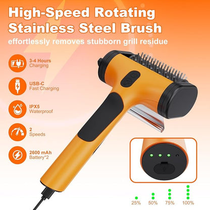 2-in-1 Upgraded Electric Grill Brush and Polisher – 1000 RPM High-Torque Motor, 2600mAh Battery, LED Light – Bristle-Free BBQ Cleaner for Gas, Charcoal & Pellet Grills (Orange)