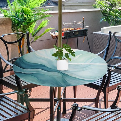 Fitted Round Tablecloth with Umbrella Hole and Zipper Abstract Teal Blue Outdoor Elastic Table Cloth 45"-56" Oil-Proof Waterproof Texture Patio Table Cover for Party Outdoor