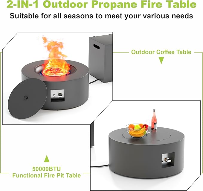 2-Piece Outdoor Propane Fire Pit Table Set w Tank Side Table 30'' Round Fire Pit Table 2-in-1 Firepit Table for Outside Patio Gas Fire Pit w 304 Stainless Steel Burner 50,000 BTU, Dark Gray