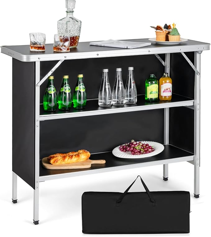 GIANTEX Portable Bar Table for Events, Folding Mobile Bartending Station with Storage Shelves, Removable Privacy Skirt, Carrying Case, for Parties, Catering, Trade Shows (Black, 43.5''L x 34.5''H)