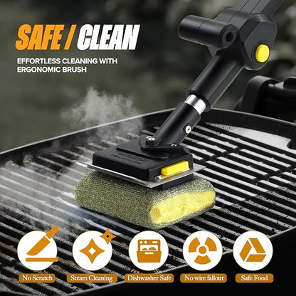 Folding Bristle Free Outdoor Grill Brush for BBQ Collapsible Design for Easy Storage Heavy Duty with Scraber & 3 Sponge Steam Brush Head Grill Cleaning Tool for Camping Tailgating Indoor Daddy Gift