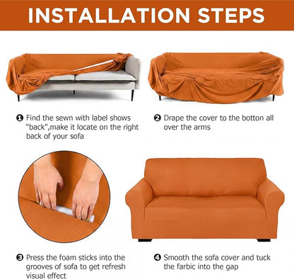Peryiter 3 Pcs Couch and Loveseat Sofa Covers,Orange,Milk Silk | Armchair Covers for Living Room, Sofa Cushion Slipcover, Furniture Protector, Polyester and Spandex, Washable
