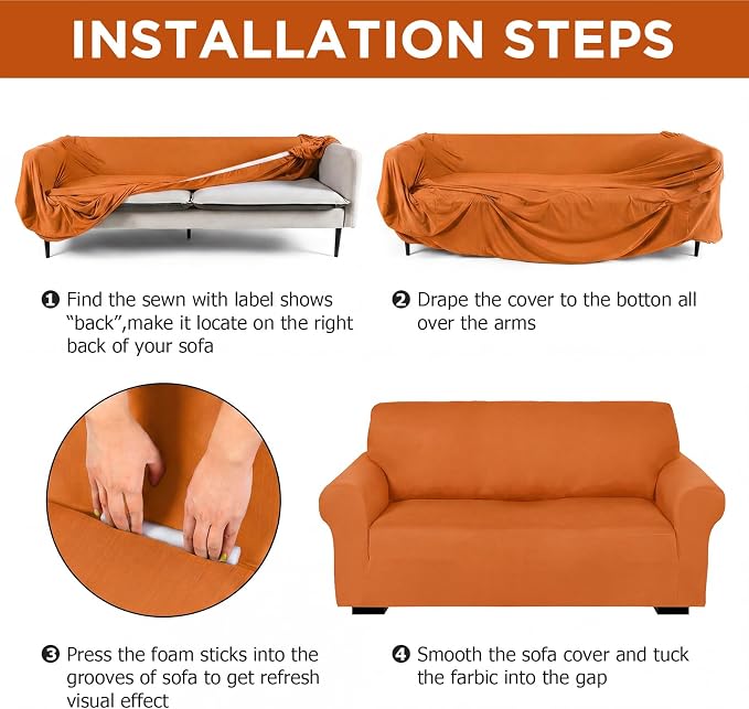 Peryiter 2 Pcs Couch and Loveseat Sofa Covers,Orange,Milk Silk | Armchair Covers for Living Room, Sofa Cushion Slipcover 2/3 Seater, Furniture Protector, Polyester and Spandex, Washable