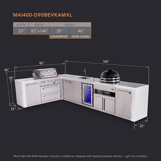 Mont Alpi Premium 4-Burner 82"x146" L-Shaped 400 Deluxe Stainless Steel Modular Outdoor Kitchen Island BBQ Gas Grill + Beverage Center Refrigerator Faucet & Sink + Kamado + Storage Drawers & Cabinets