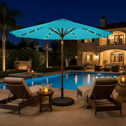 9' Solar LED Patio Umbrella with Tilt & Crank|8 Sturdy Ribs,UV Protection,Outdoor Market Table Umbrella for Deck,Lawn,Pool,Backyard(Light Blue)