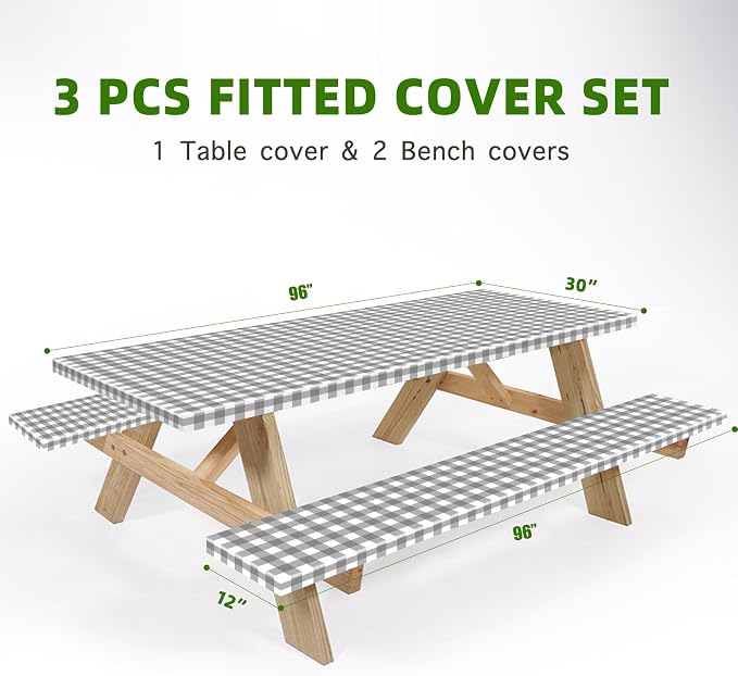 UMINEUX Picnic Table Cover with Bench Covers Fitted Table Clothes for 8 Foot Rectangle Tables Vinyl Flannel Backing with Elastic Edge -for Outdoor/Indoor Party Dining(30 x 96 Inch,3-Pcs,Gray Plaid)