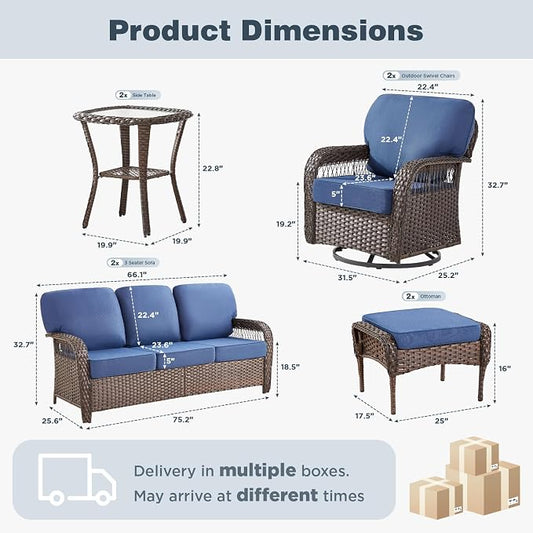 Belord Luxury Patio Furniture Set with 5-inch Thick Cushion, Outdoor Couch,Ottoman and High Back Swivel Rocker Patio Chairs, 8PCS Wicker Conversation Set for Deck Yard and Poolside,Blue