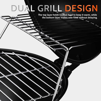 14-Inch Portable Barbecue Grill,Outdoor Small Grill with Dual Venting System and Warming Rack for Picnic, Camping, Backyard,Black