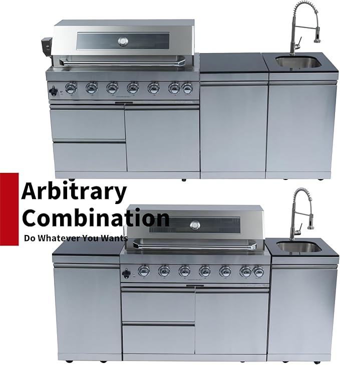 82" Modular Outdoor Kitchen Island with Grill, 6-Burner 85,000 BTU Propane BBQ Island, Separate Sink & Prep Station, for Backyard and Patio Cooking, Silver