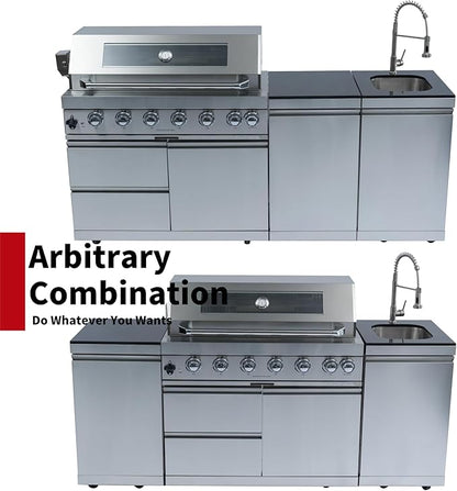 82" Modular Outdoor Kitchen Island with Grill, 6-Burner 85,000 BTU Propane BBQ Island, Separate Sink & Prep Station, for Backyard and Patio Cooking, Silver