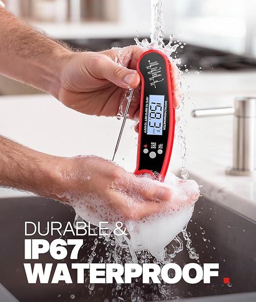 Meat Thermometer Digital – Instant Read Food Thermometer for Grilling, BBQ, Air Fryer, Smoker, Candy Making with Foldable Probe, Kitchen Gadgets, BBQ Essentials, Gift for Mom, Dad, Men, Women, Red
