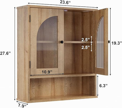 Bathroom Wall Cabinet, Bathroom Storage Cabinet Over Toilet, Medicine Cabinet with Arched Glass Doors & Adjustable Shelves, Wall Mounted Bathroom Cabinet with Open Storage Shelf, Natural