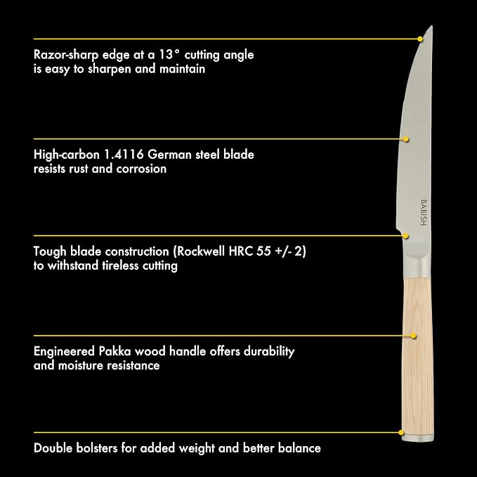 Babish 4-Piece 1.4116 German Stainless Steel Steak Knife Set with Light Pakka Wood Handles – Full-Tang Steak Knives for Dining, Entertaining & Everyday Table Use