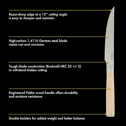 Babish 4-Piece 1.4116 German Stainless Steel Steak Knife Set with Light Pakka Wood Handles – Full-Tang Steak Knives for Dining, Entertaining & Everyday Table Use
